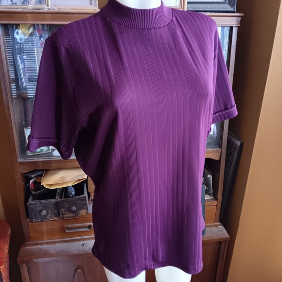 XL Vintage Purple Ribbed Short-Sleeve Mock Neck Blouse 1970's Single Stitch Plum - Picture 2 of 8